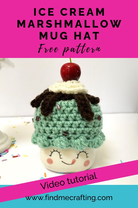 Unleash your creativity with this adorable crochet project! Our Ice Cream Marshmallow Mug Hat is not only unique, it's a joy to make, and the pattern is free! Video tutorial included. Whether it's birthday fun or an ice cream sundae party, this crochet delight will add a spoonful of charm and a sprinkle of joy to your celebrations. Grab your crochet hooks and let's get started! Crochet Marshmallow Mug Hat Pattern Free, Coco Cups, Marshmallow Toppers, Ice Cream Hat, Marshmallow Hats, Ice Cream Sundae Party, Crochet Marshmallow, Sundae Party, Half Double Crochet Decrease