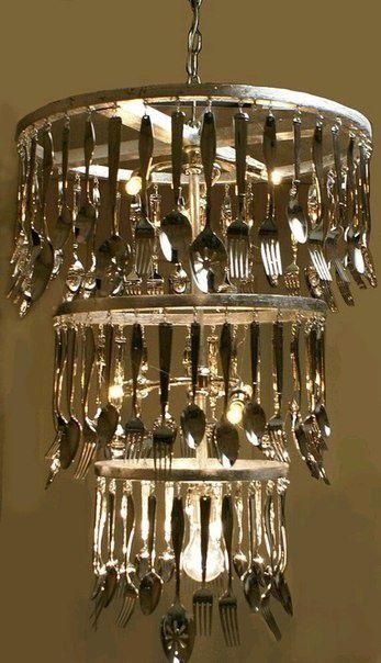 Recycling for DIY Outdoor Lights, Handmade Lighting Design Ideas Recycled Kitchen, Old Chandelier, Luminaire Original, Diy Lampe, Diy Light, Light Ideas, Diy Chandelier, Lighting Design Interior, Forks And Spoons