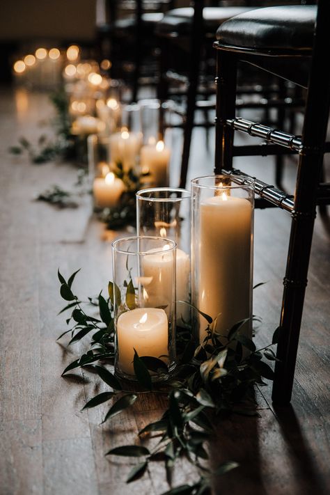 Candle Wedding Altar, Wedding Isles Ideas Indoor, Minimalist Church Wedding Decor, Candle Aisle Decor, Ceremony Aisle Markers, Minimalist Wedding Ceremony, Wedding Aisle Candles, Moody Minimalist, Aisle Candles