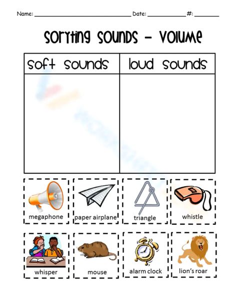 Sort the options to their appropriate category. Check it now! #sounds #loudandsoftsounds #sorting #cards #words #worksheet #loudsounds #softsounds #identify #images #volumn #scienceworksheet #printables #printablesforkids Sounds Worksheet, Loud Soft, Volume Worksheets, Kindergarten Phonics Worksheets, Phonics Kindergarten, Preschool Art Activities, Science Worksheets, Phonics Worksheets, Paper Airplanes