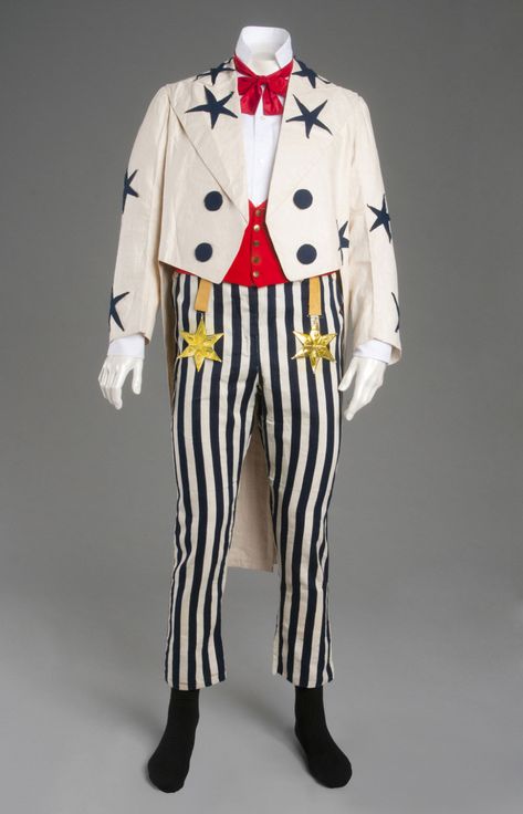 Early 20th Century, Man's Uncle Sam Costume: Coat, Trousers and Waistcoat. Coat: white cotton/linen plain weave, blue wool twill appliqués; Trousers: white and blue striped ribbed cotton; Waistcoat: red wool plain weave, white cotton/linen plain weave. Philadelphia Museum of Art, USA. Uncle Sam Costume, Pierrot Clown, Funky Outfits, Philadelphia Museum Of Art, Uncle Sam, Stars And Stripes, Fantasy Fashion, Character Outfits, Historical Fashion