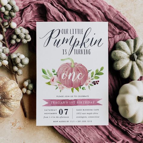 2.92 | Pink Pumpkin Custom Age Birthday Party #farmhouse style, burgundy marsala and navy blue, baby girl, pink pumpkin, watercolor floral, autumn birthday party invitations, our little pumpkin, is turning one, cute fall birthday, rustic country first birthday October 1st Birthday Girl, Pumpkin Birthday Party Girl, Our Little Pumpkin Is Turning One, Fall First Birthday Girl, Party Invitations Design, Fall 1st Birthdays, Pumpkin Birthday Parties, Fall Birthday Parties, Watercolor Pumpkin