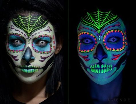 glow in the dark, dias de los muertas, day of the dead make up ... Muertos Makeup, Halloween Disco, Uv Makeup, Dead Makeup, Halloween Idea, Glow Face, Sugar Skull Makeup, Candy Skulls, Special Effects Makeup