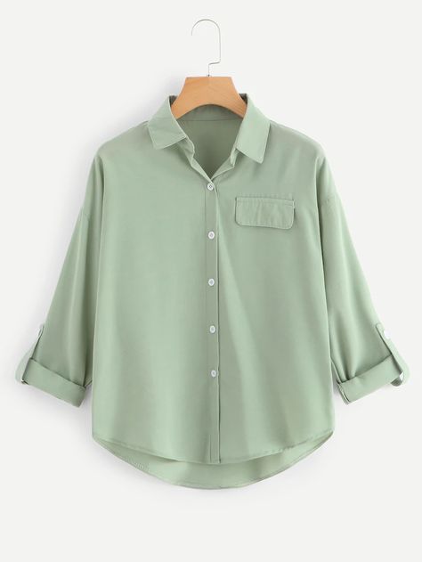 Dip Hem Blouse, Áo Blu, Sleeve Placket, Fall Blouse, Fashion Tops Blouse, Pastel Fashion, Hem Blouse, Plain Shirt, Roll Up Sleeves