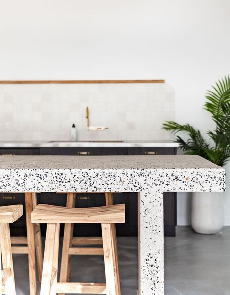 Terrazzo Kitchen, Concrete Island, Concrete Kitchen Island, Kitchen Concrete, Kitchen Island Bench, Freestanding Cooker, Farmhouse White, Diy Concrete Countertops, The Pause