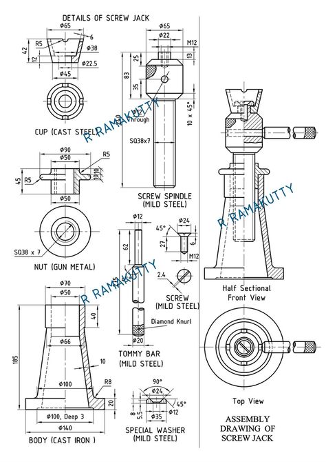 Machine Drawing: SCREW JACK Screw Jack Drawing, Mechanical Assembly Drawings, Machine Drawing Mechanical, Solid Works Assembly Drawings, Assembly Drawing Mechanical, Autocad 2d Drawing Mechanical, Engineering Drawing Mechanical, Autocad Tricks, Autocad 3d Modeling