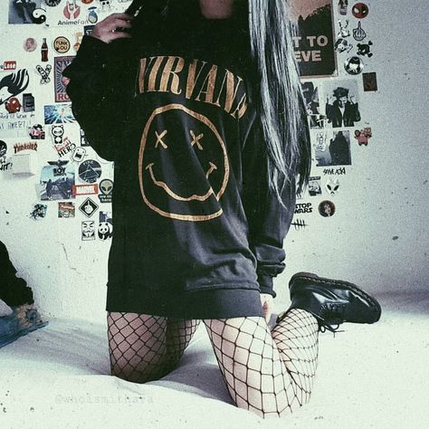 My nirvana photo collection of me wearing my #nirvana hoodie in #vintagestyle 😁🖤 . . . #grunge #grungegirl #drmartens #drmartensboots… Nirvana Hoodie, Black Is My Happy Color, E Girl Style, Egirl Fashion, E Girl Outfits, Alt Outfits, Aesthetic Grunge Outfit, Dark Outfits, Cute Lazy Outfits