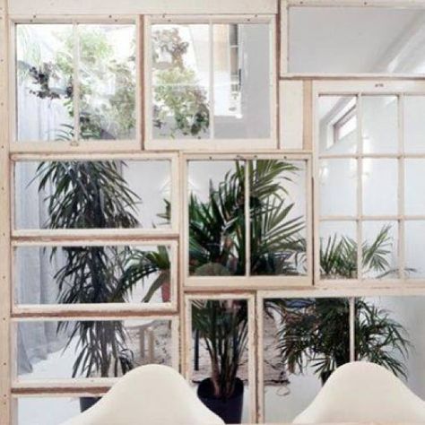 using old windows as interior wall | One window not enough? Make a wall of wonder by clustering old windows ... Fabric Room Dividers, Bamboo Room Divider, Sliding Room Dividers, Wooden Room Dividers, Folding Room Dividers, Room Divider Curtain, Wooden Room, Divider Wall, Old Windows