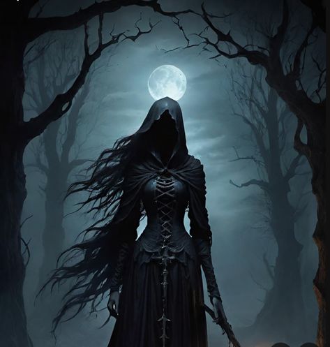 Dark Witch Fantasy Art, Female Grim Reaper Art, Dark Fantasy Inspiration, Grim Reaper Female, Grim Reaper Woman, Dark Fantasy Princess, Dark Queen Art, Dark Fantasy Witch, Female Reaper