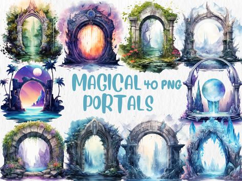 Watercolor Magical Portals Clipart | Forest Portal, Space Portal, Celestial Portal Illustrations | Instant Download for Commercial Use Magical Doors Portal, Magical Portal Fantasy Entrance, Portal Illustration, Forest Portal, Space Portal, Fantasy Clipart, Fantasy Castles, Magic Clipart, Castle Clipart