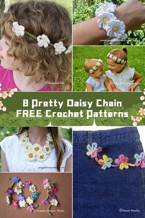 8 Pretty Daisy Chain Crochet Patterns - FREE - iGOODideas.com Crochet Flower Chain Pattern, Pokeball Crochet Pattern, Chain Headband, Bunting Pattern, Crochet Chain, Crochet Daisy, Easy Crochet Projects, Daisy Chain, Headband Pattern