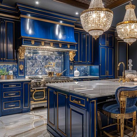 10+ Hollywood Regency Blue Kitchen Cabinets for a Touch of Old-School Glamour • 333+ Art Images Huge Kitchen Luxury, Blue Kitchen Cabinets Ideas, Hollywood Regency Kitchen, Regency Kitchen, Columns Decor, Blue Room Decor, Kitchen Cabinets Ideas, Bold Kitchen, Blue Kitchen Cabinets