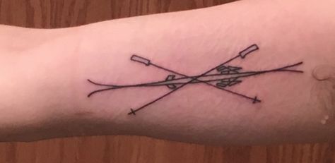 #boulderinn Crossed Skis Tattoo, Ski Tattoo Simple, Skier Tattoo, Ski Tattoo Ideas, Banff Tattoo, Skiing Tattoo Ideas, Skiing Tattoos, Curtain Hair, Snowboard Tattoo