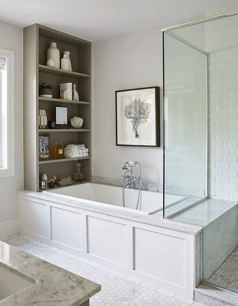 Sunk In Bathtub, White Oak Nightstand, Built In Bathtub, Built In Bath, Shower Glass, Master Ensuite, Tub Surround, Master Bath Remodel, Ensuite Bathroom