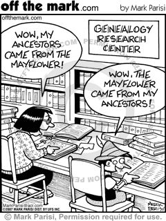 Humor: "Genealogy Research Center. Wow, my ancestors came from the Mayflower. Wow, the Mayflower came from my ancestors!" #genealogy #humor Genealogy Jokes, Genealogy Quotes, History Cartoon, History Funny, Temple Work, Family History Quotes, Genealogy Humor, Mark Parisi, Library Humor