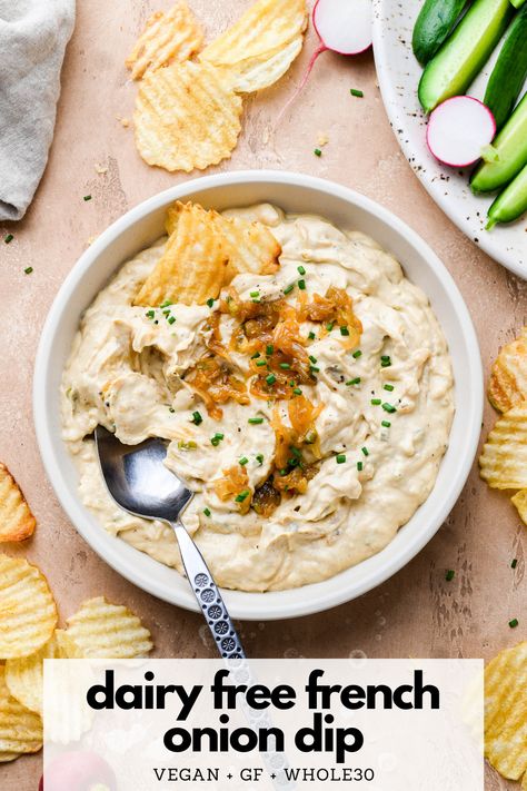 Dairy Free Dips, Onion Dip Recipe, Paleo Appetizers, French Onion Dip, Gluten Free Soy Sauce, Vegan Dip, Onion Dip, Vegan Appetizers, French Onion