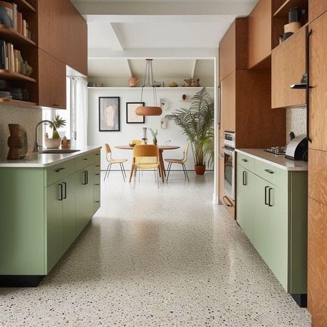 Terrazo Kitchen Floors, Kitchen Flooring Terrazzo, Colorful Kitchen Floor Tiles, Terrazo Tile Flooring, Kitchen Flooring Ideas With Green Cabinets, Terrazzo Kitchen Flooring, Terrazzo Kitchen Floors, Green Midcentury Modern Kitchen, Kitchen With Terrazzo Floors