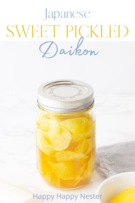 Sweet Pickled Daikon Takuan is a combination of sweet, salty, and tangy. These pickles are crunchy, delicious, and make a perfect rice topping or side dish. This recipe is easy to make and the health benefits are amazing! Pickled Daikon Recipe, Daikon Recipe, Pickled Daikon, Japanese Pickles, Pickle Recipe, Perfect Rice, Pickled Veggies, Recipe Sweet, Sweet Pickles