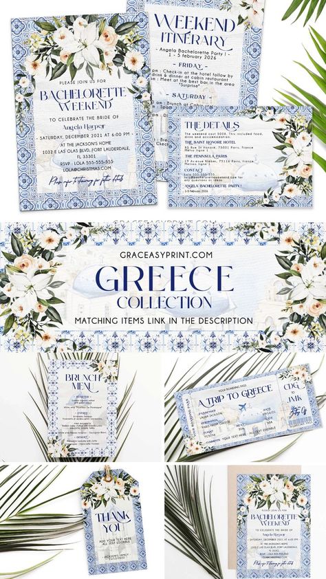 Discover the new collection on the theme of Greece. Discover invitations in the greek style. Brunch invitation, birthday invitation, reply card, a colorful collection Greek Party Theme, Greece Party, Greek Theme, Bridal Shower Decorations Diy, Brunch Invitations, Bachelorette Party Themes, Greek Wedding, The Jacksons, Bach Party