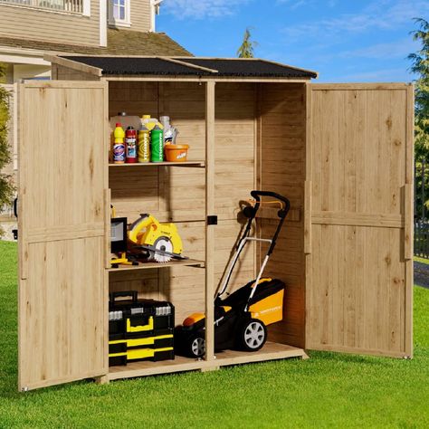 【Large Storage Space】The outdoor storage cabinet is suitable for the garden and yard to store your big or small, long or short, regularly shaped or irregularly shaped tools. Every tool you put into this wooden shed is clear at a glance when you open the doors. And 2 removable shelves in the shed make tool storage more flexible and make the best use of space. (Overall Size: 52.8"W x 17.4" D x 63.8"H. ) Vertical Storage Cabinet, Doors Garden, Outdoor Potting Bench, Wooden Storage Sheds, Outdoor Cabinet, Garden Tool Shed, Backyard Lawn, Removable Shelves, Garden Storage Shed