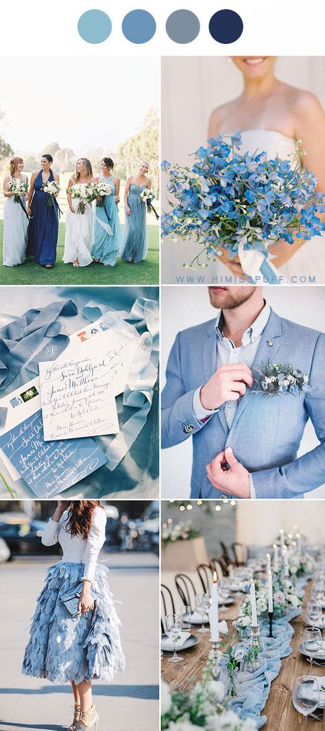 Dusty Blue wedding colors and ideas mix and match blue wedding inspiration Wedding Palette Spring, Palette Winter, Palette Spring, Wedding Color Schemes Blue, Palette Summer, Spring Wedding Outfit, Blue Winter Wedding, Wedding Color Palettes, Wedding Color Combinations