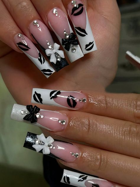 24 pièces de faux ongles carrés longs à presser sur les ongles pour une mise à niveau instantanée de votre look. Style élégant blanc français avec impression de lèvres noires, design de strass 3D, nœud noir rose. Faux ongles blancs à strass fins et noirs français. 1 pièce de gel gelée +1 bande de lime, envoi aléatoire Noir et Blanc Y2K,Français   ABS,PET,Carborundum Blocs de couleur,Plantes Ongles de couleur  Automne,Printemps,Été,Hiver Nail,Hand & Foot Care, size features are:Bust: ,Length: ,Sl Valentines Themed Nails, Hard Nails, Nagel Tips, Girly Acrylic, Nails Coffin Short, Girly Acrylic Nails, Cute Acrylic Nail Designs, Valentines Day Nails, Acrylic Nails Coffin Pink