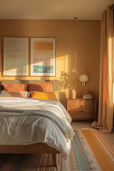 Mid-Century Modern Bedroom Design - Quiet Minimal Mixed Interior Design, Yellow Mid Century Bedroom, Artsy Modern Bedroom, Room Inspo Mid Century Modern, Orange Aesthetic Apartment, Orange Furniture Bedroom, Sunny Bedroom Ideas, Fun Bedroom Design, Sunset Color Bedroom