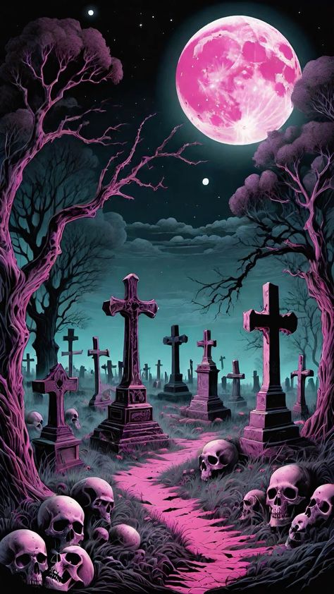 Pink Graveyard, Facts About Halloween, Halloween Facts, Moon Wallpaper, About Halloween, Graveyard, Pink Wallpaper, Cemetery, Facts About