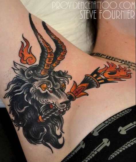 #armpit #tattoo #providencetattoo #goat Goat Traditional Tattoo, Providence Tattoo, Armpit Tattoo, Bison Tattoo, Capricorn Tattoo, Evil Tattoos, Sweet Tattoos, New School Tattoo, Music Tattoos