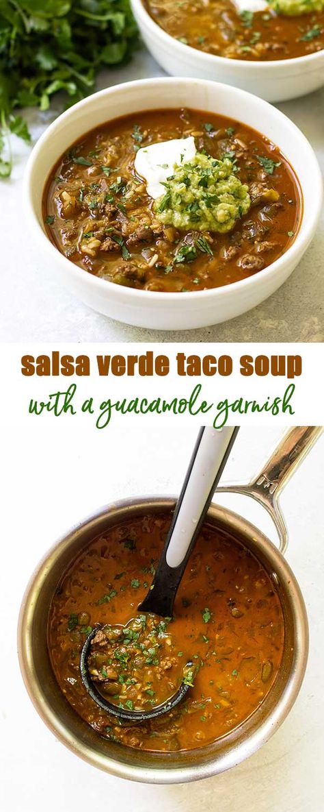 Salsa verde taco soup for two made on the stovetop or in the Instant Pot! Ground beef, fresh tomatillos, green chile, and brown rice simmered together. Garnish it with guacamole and sour cream for a true taco experience in soup form! #soup #smallbatchrecipes #recipesfortwo #groundbeef #tomatillos #greenchile #guacamole #avocados #instantpot #pressurecooker Soup For Two, Instant Pot Ground Beef, Tomatillo Recipes, Gf Dinner, Winter Stews, Bowl Meals, Easy Meals For Two, 2b Mindset, Csa Recipes