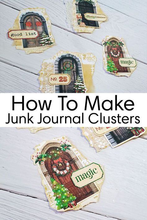 New Year Art Journal Ideas, Holiday Junk Journal, Vintage Christmas Junk Journal Ideas, Christmas Card Junk Journal, Christmas Clusters For Junk Journals, Junk Journal Clusters Diy, Junk Journal Christmas Cards, Clusters For Junk Journals, How To Make A Junk Journal