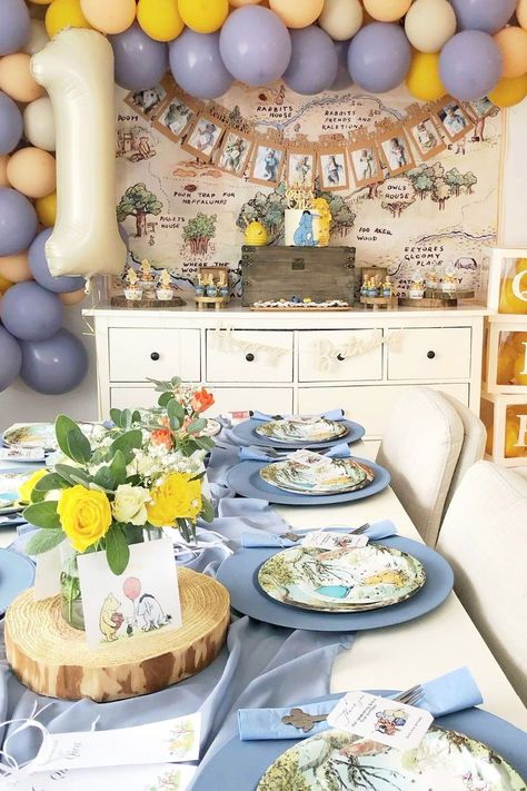 Take a look at this adorable Winnie the Pooh 1st birthday party! The table settings are delightful! See more party ideas and share yours at CatchMyParty.com Eeyore Party Decorations, Eeyore Birthday Party, Eeyore Baby Shower Ideas, Eeyore Party, Pooh 1st Birthday Party, Eeyore Birthday, Classic Eeyore, Winnie The Pooh 1st Birthday, Vintage Baby Shower Boy