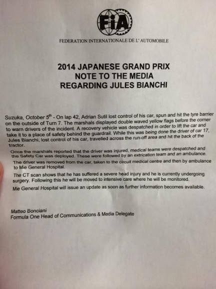 Jules Bianchi Crash, Jules Bianchi, Japanese Grand Prix, Gilles Villeneuve, Formula One, Grand Prix, Formula 1, Ferrari, The Outsiders