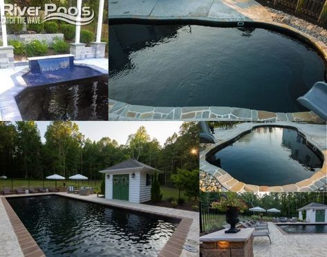 River Pools black fiberglass swimming pools   Get more fiberglass pool inspiration from our gallery at riverpoolsandspas.com! Black Fiberglass Pool, Black Swimming Pool, Inground Pool Designs, Pool Inspiration, Fiberglass Pool, Fiberglass Swimming Pools, Leisure Pools, Swimming Pools Inground, Pool Garden