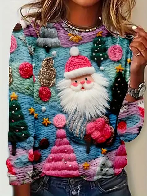 Ugly Sweater Ideas, Plus Size Christmas Tops, Christmas Tops, Casual Long Sleeve Shirts, Oversize Women, Selling Clothes, Casual Spring, Round Neck Tops, Christmas Knitting