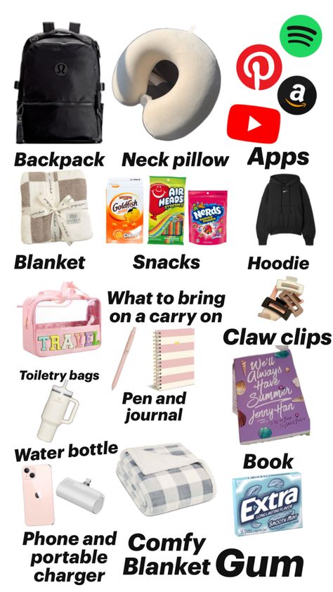 Sleepover Packing List, Trip Essentials Packing Lists, Road Trip Bag, Road Trip Kit, Vacation List, Airplane Travel Essentials, School Bag Essentials, Emergency Bag, Airplane Essentials