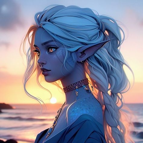 AloeKado on Instagram: "Female Sea Elf at a beach at sunset🧝‍♀️🌅💧  ☕You can support me on Ko-fi link on my page☕  Note that this image is created with the help of AI❗  You are welcome to use this in your campaign if you tell me the characters name. 🎲 #aloekado 🎲 #midjourney #midjourneyart #generativeart #aiart #aiartcommunity #art #artwork 🎲 #dndcharacter #dndportrait #fantasy #dnd #elf #seaelf #aqua #water #beautiful #blue #waterelf #aquaelf #fantasynymph #bluehair #sunset #sea #blueskin #beach" Ocean Themed Dnd Character, Elf Sailor Dnd, Sea Elf Dnd, Sea Elf Female Dnd, Dnd Fairy, Sea Elves, Water Elf, Dnd Elf, Sea Elf