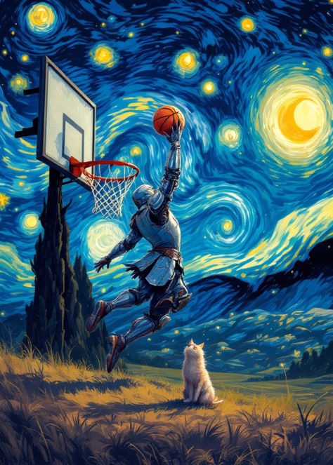 Elevate your wall decor with this captivating fantasy art poster featuring a medieval knight soaring for an epic dunk under a Starry Night-inspired sky. Perfect for fans of basketball, fantasy, and surreal artwork, this vibrant piece blends sports action with iconic artistic flair. A stunning addition to game rooms, man caves, or art collections, it makes a great gift for basketball lovers or fantasy enthusiasts. Printed on premium-quality metal by Displate for a sleek and durable finish Fantasy Basketball, Surreal Artwork, A Starry Night, Basketball Art, Game Rooms, Man Caves, Medieval Knight, Art Poster, Surrealism