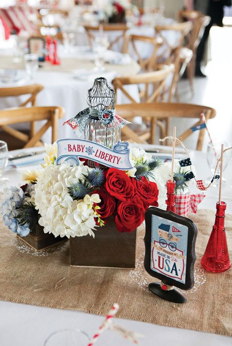 Operation Shower "Baby Liberty" Event Recap! // Hostess with the Mostess® Americana Baby Shower Ideas, Work Baby Showers, Hot Air Balloon Centerpieces, Diy Hot Air Balloons, Fabric Rosette, Bow Cakes, Painting Burlap, Shower Collection, American Baby