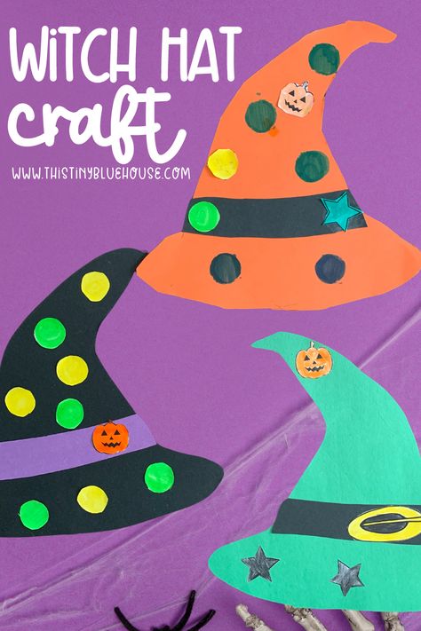 This easy witch hat craft for Halloween is a fun choice for preschool and kindergarten kids.   Children work on fine motor, hand-eye coordination and scissor skills when using our free witch hat template to create a unique witch hat for Halloween.  A cute and easy Halloween craft idea, this witch hat craft for preschool is a great choice of teachers and home crafters alike.  Head over to our website today to snag a copy of our free witch hat printable so you can make your own hat for Halloween. Wizard Hat Craft, Witch Craft Preschool, Preschool Hat Craft, Witches Hat Craft, Halloween Hat Craft, Witch Hat Printable, Witch Hat Template, Witch Hat Craft, Preschool Hat