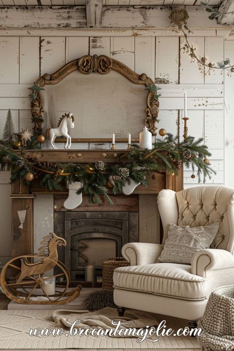 farmhouse christmas mantle decor Vintage Mantle Christmas Decor, Vintage Christmas Fireplace Mantle, Gold Mantle Decor Christmas, Vintage Fireplace Mantle Decor, Farmhouse Mantles, Non Working Fireplace Ideas, Vintage Christmas Mantle Decor, Farmhouse Christmas Mantle Decor, Vintage Christmas Mantle