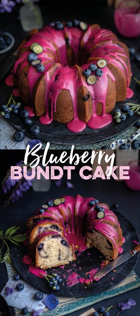 Beautiful blueberry bundt cake with naturally pink blueberry glaze – so delicious! #blueberries #bundtcake #cake #baking #foodphotography Lemon Glaze Cake, Blueberry Glaze, Blueberry Bundt, Blueberry Bundt Cake, Blueberry Pound Cake, Glaze Cake, Blueberry Cake Recipes, Savory Cakes, Lemon Glaze