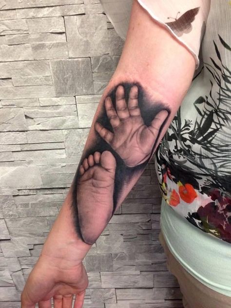 #handtattoos #foottattoos #familytattoos #blackandgreytattoo Baby Hand Print Tattoo, Hand Print Tattoo, Foot Print Tattoo, Hand Print Tattoos, Newborn Tattoo, Toe Tattoos, Baby Tattoo Designs, Father Tattoos