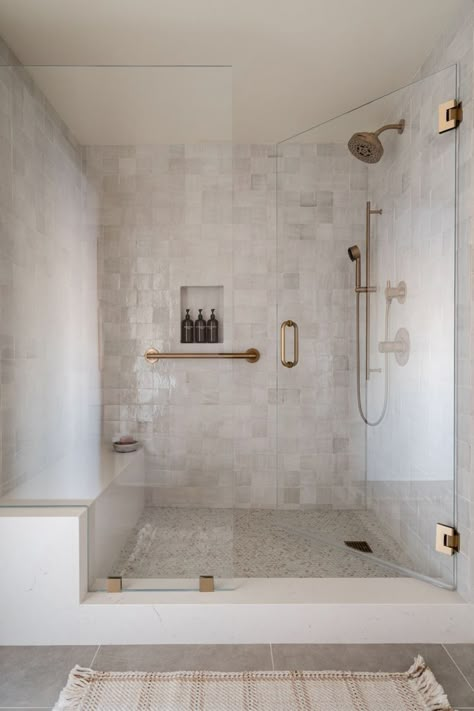 Jan 24, 2024 - Interior Design Studio - 59 Followers, 74 Following, 11 Posts - See Instagram photos and videos from Nancy Taylor Deisinger (@nancytaylorstudio) White Zellige Shower Tile, Bathroom With Zellige Tiles, Tile For Showers Ideas, Primary Bath Tile Ideas, Zellige Bathroom Tiles, Primary Bath Shower Ideas, Ensuite Renovation Ideas, Bathroom Tub In Shower Ideas, Zellige Tile Bathroom Wall