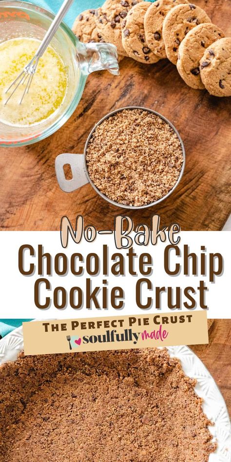 Two images of the chocolate chip cookie crust where the top is the ingredients and the bottom is the crust in a white pie pan. Chocate Chip Cookies, Chocolate Chip Cookie Crust, Cookie Crust Recipe, Coconut Cream Pie Easy, Easy Chocolate Chip Cookie, Blueberry Cream Pies, Chocolate Chip Cookie Pie, Desserts With Chocolate Chips, Crispy Chocolate Chip Cookies