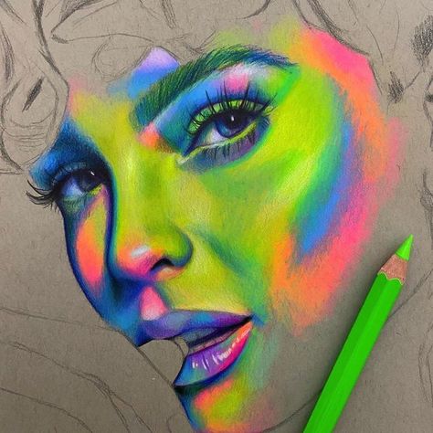 Neon Candy, Candy Rainbow, Prismacolor Art, Color Boards, Neon Painting, Stunning Hairstyles, Colour Pencil, Tinta China, Colorful Portrait