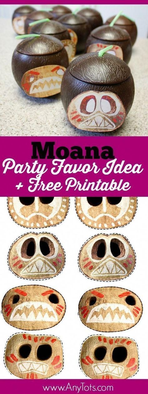 Moana Party Favor Idea. Kokamora Coconut Cups. Use the Free Printable Kokamora Face. www.anytots.com for more party ideas including Moana Cake Ideas and Moana Birthday Dress Ideas. #birthdaydresses Moana Coconut, Moana Birthday Party Theme, Moana Theme Birthday, Festa Moana Baby, Moana Cake, Moana Themed Party, Party Favor Ideas, Coconut Cups, Moana Birthday Party