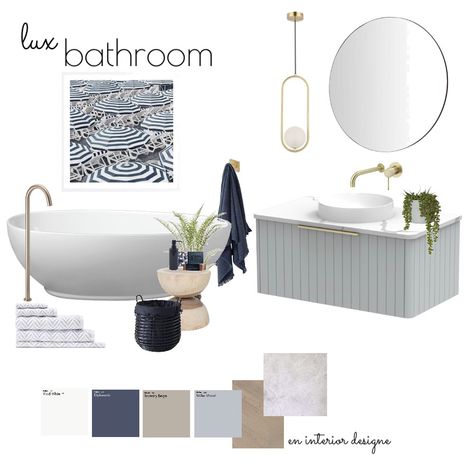 A beautiful coastal luxe bathroom designed by @eninteriordesign using our mood board tool. Loving the fresh palette with the white and shades of blue. View the live mood board and products via the link! Coastal bathroom, australian bathroom trends 2021, bathroom decor, brass tapware Collage Bathroom, Coastal Minimal, Tapestry Beige, Lux Bathroom, Style Sourcebook, Coastal Bathroom Design, Luxe Bathroom, Boat Style, Bath Spout