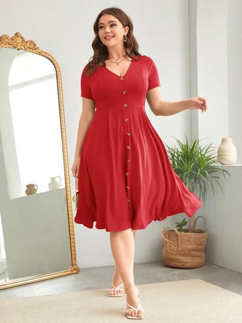 EMERY ROSE Plus Fake Button High Waist A-line Dress | SHEIN USA Cheap Non-stretch Knee-length Dresses, Cheap Non-stretch Knee-length Midi Dress, Summer Office Dress, Business Formal Dress, Vestido Plus Size, Spring Fashion Outfits, Office Dresses, Vestido Casual, Summer Fashion Outfits