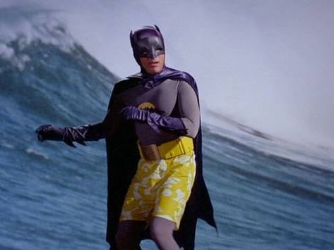 Batman surfing. 1966 Adam West Batman, 1966 Batman, Batman Comic Cover, James Gordon, Batman Tv Show, Dc Comics Collection, Batman 1966, Batman Tv Series, Batman Stuff